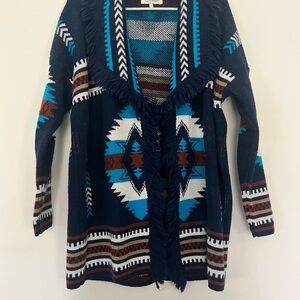Cocogio M Made in Italy Aztec Tribal Long Open Cardigan Blue Sweater Fringe